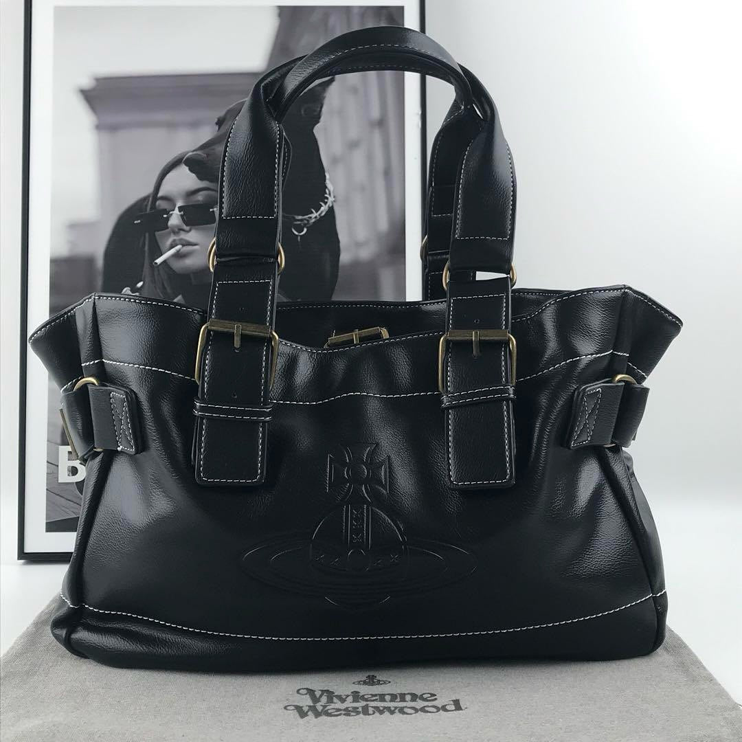 Auth Vivienne westwood black leather tote bag