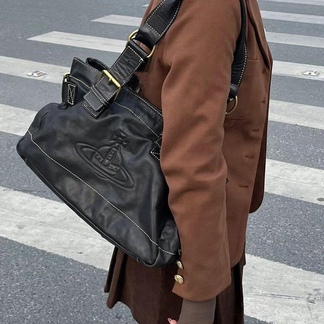 Auth Vivienne westwood black leather tote bag