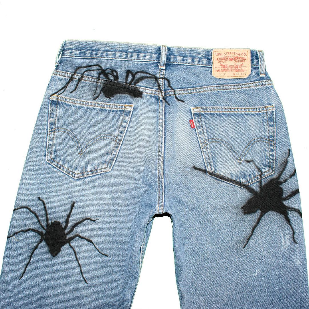 Designer Vintage 3D Spider Spray Paint Destroyed Washed Jeans