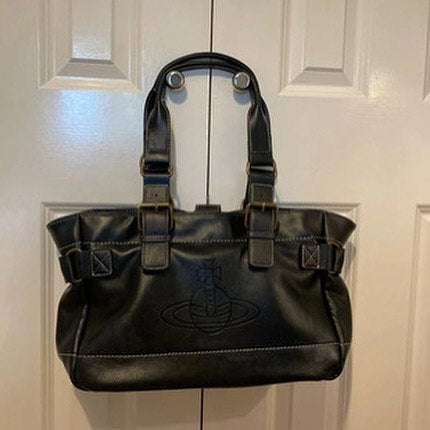 Auth Vivienne westwood black leather tote bag