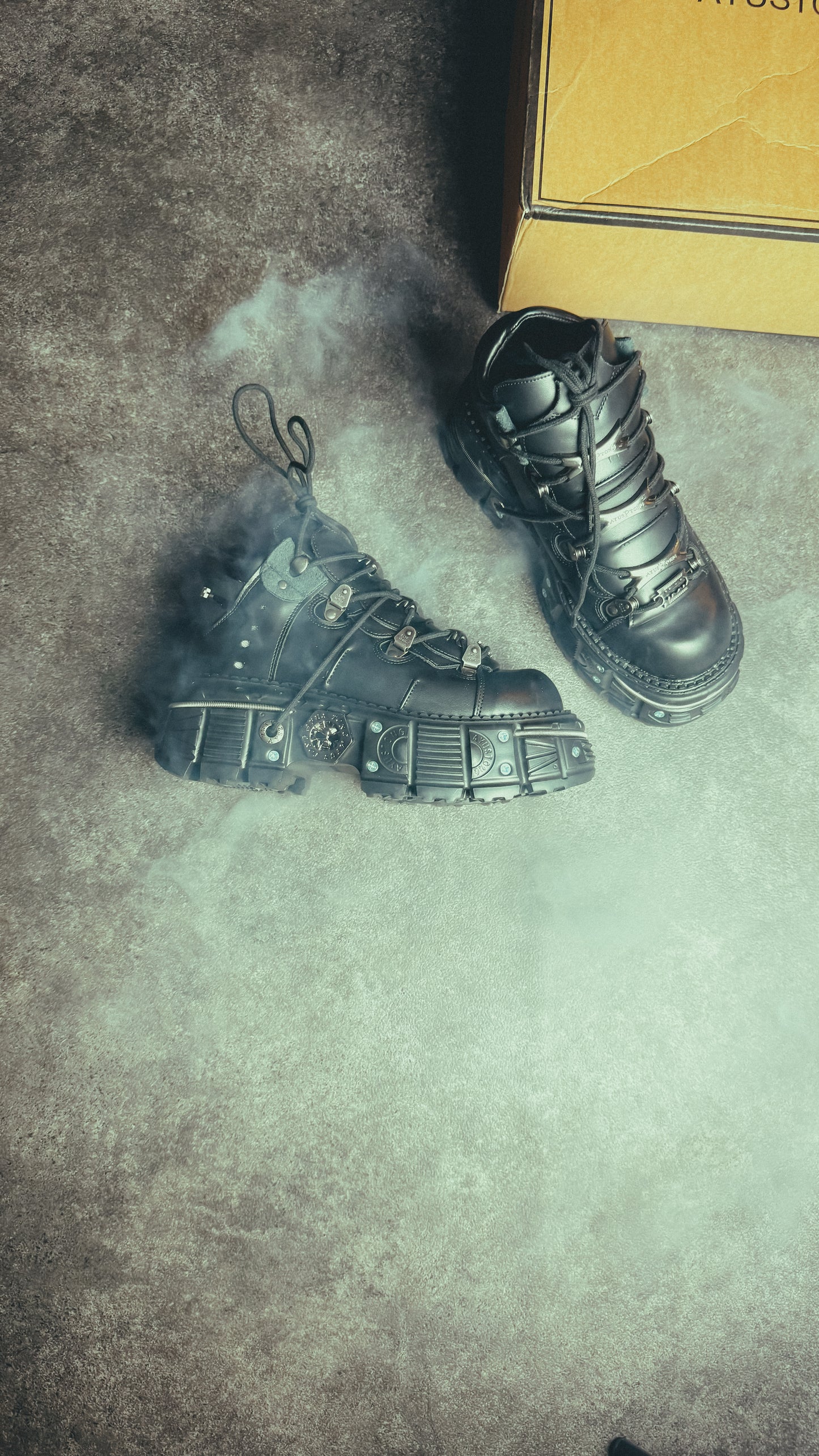 New Rock Boots Metallic Black Leather Platform for men and women