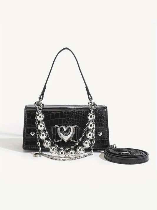 Crocodile Embossed Heart & Bead Decor Flap Chain Square Bag