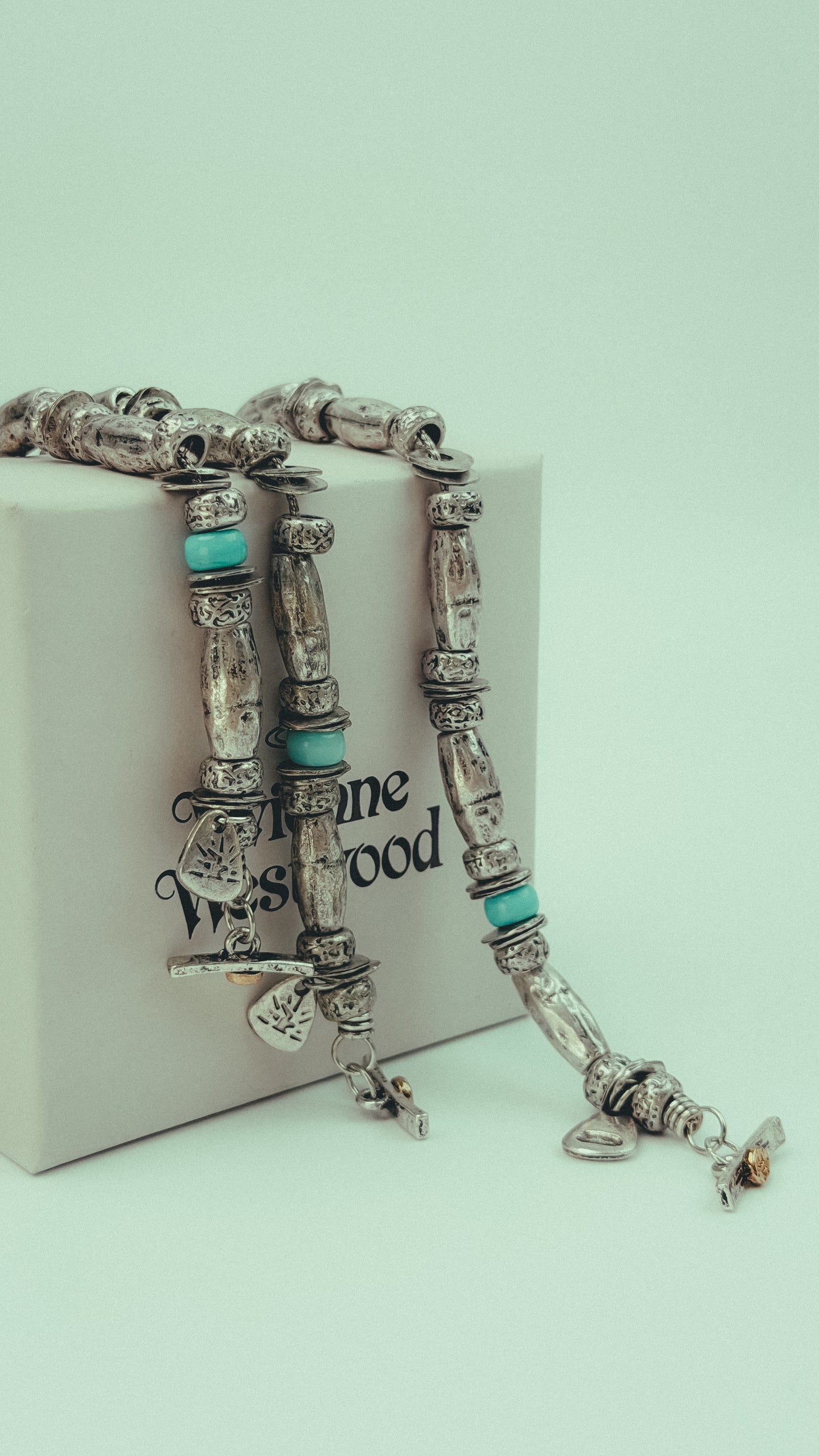 ‏Silver Turquoise Beaded Charm Bracelet with Toggle Clasp