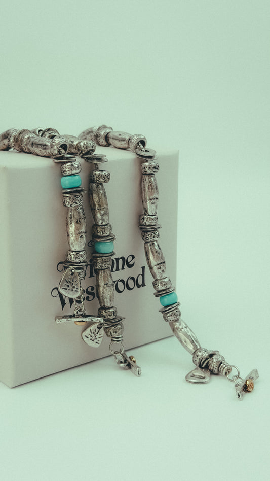 ‏Silver Turquoise Beaded Charm Bracelet with Toggle Clasp