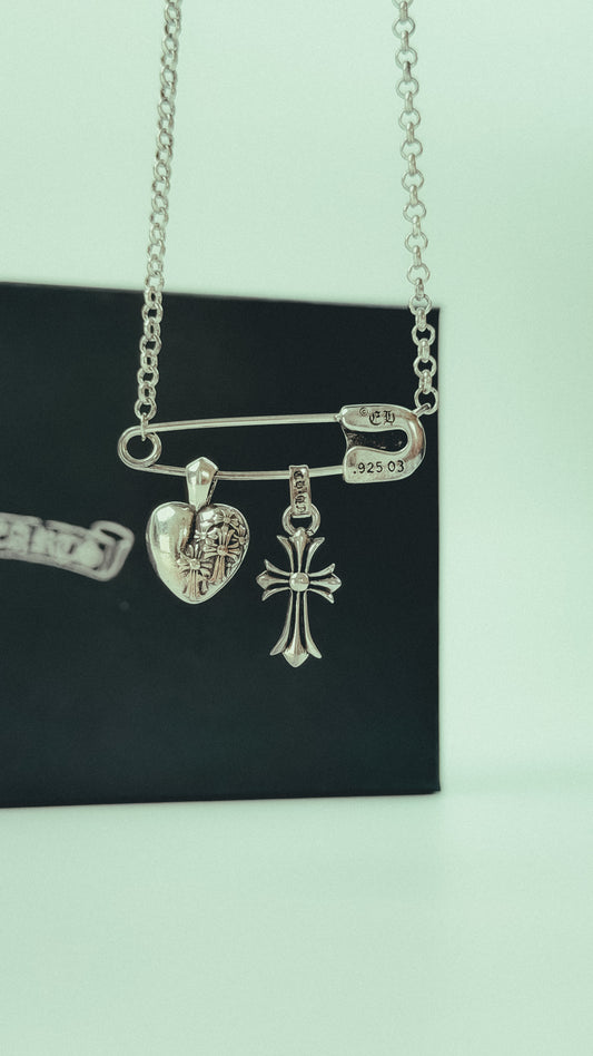 Chrome Hearts Sterling Silver Safety Pin Multi Pendant Necklace