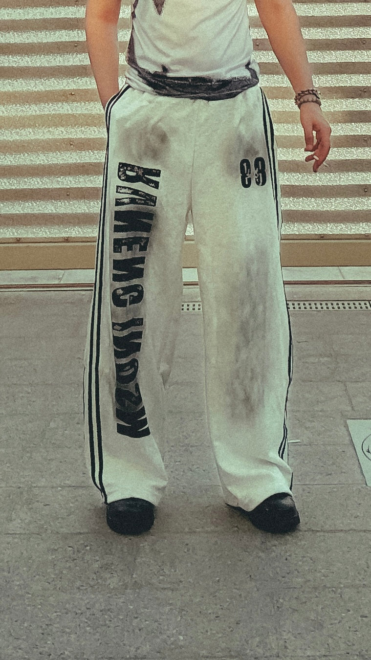 NOMANIAI Dirty Dyed Mottled Print Loose Striped Sweatpants