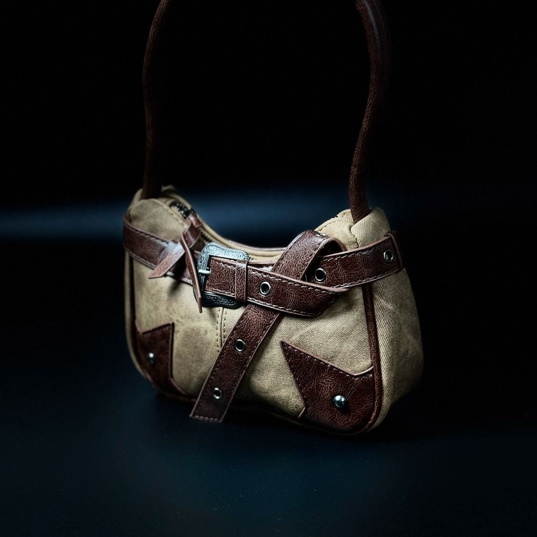 ‏star leather patch bag