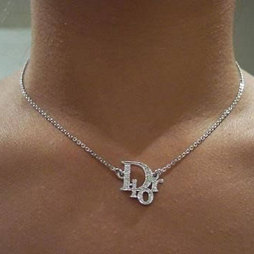 DIOR CRYSTAL WORD LOGO SILVER NECKLACE