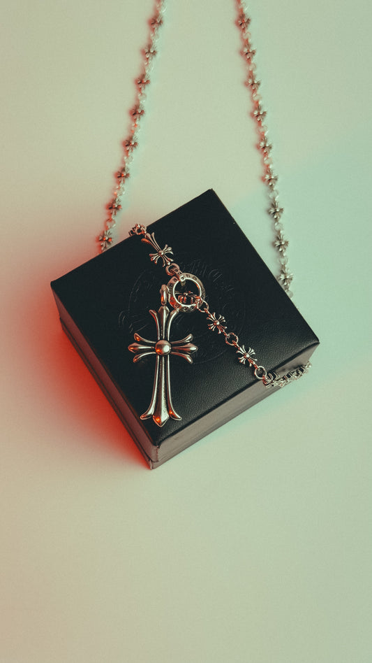 Chrome Hearts Tiny Fat Cross E CH Plus Rosary Choke Chain Necklace