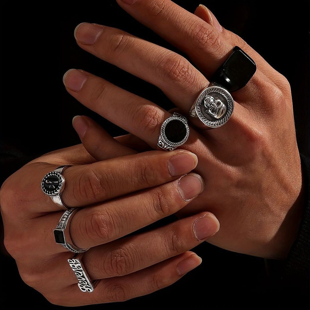 6Pcs silver Vintage Black Stone Rings for Men