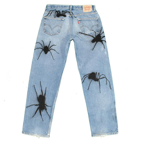 Designer Vintage 3D Spider Spray Paint Destroyed Washed Jeans