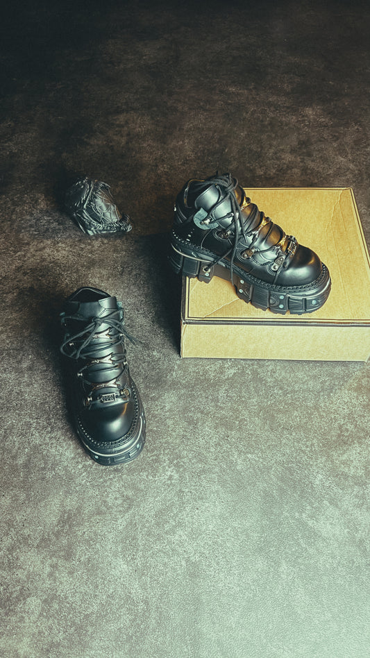 New Rock Boots Metallic Black Leather Platform for men and women