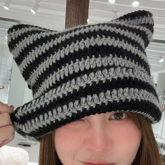 Cute Knitted Pointed Cat Ears Beanie
Wool Hats Striped Pullover Cap