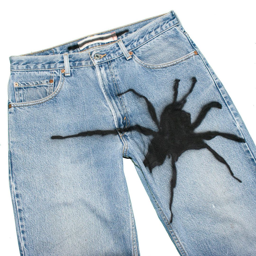 Designer Vintage 3D Spider Spray Paint Destroyed Washed Jeans