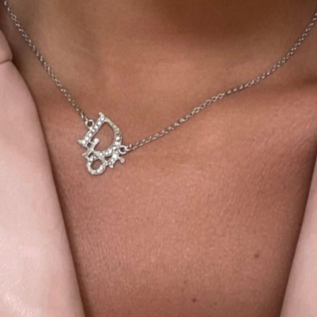 DIOR CRYSTAL WORD LOGO SILVER NECKLACE