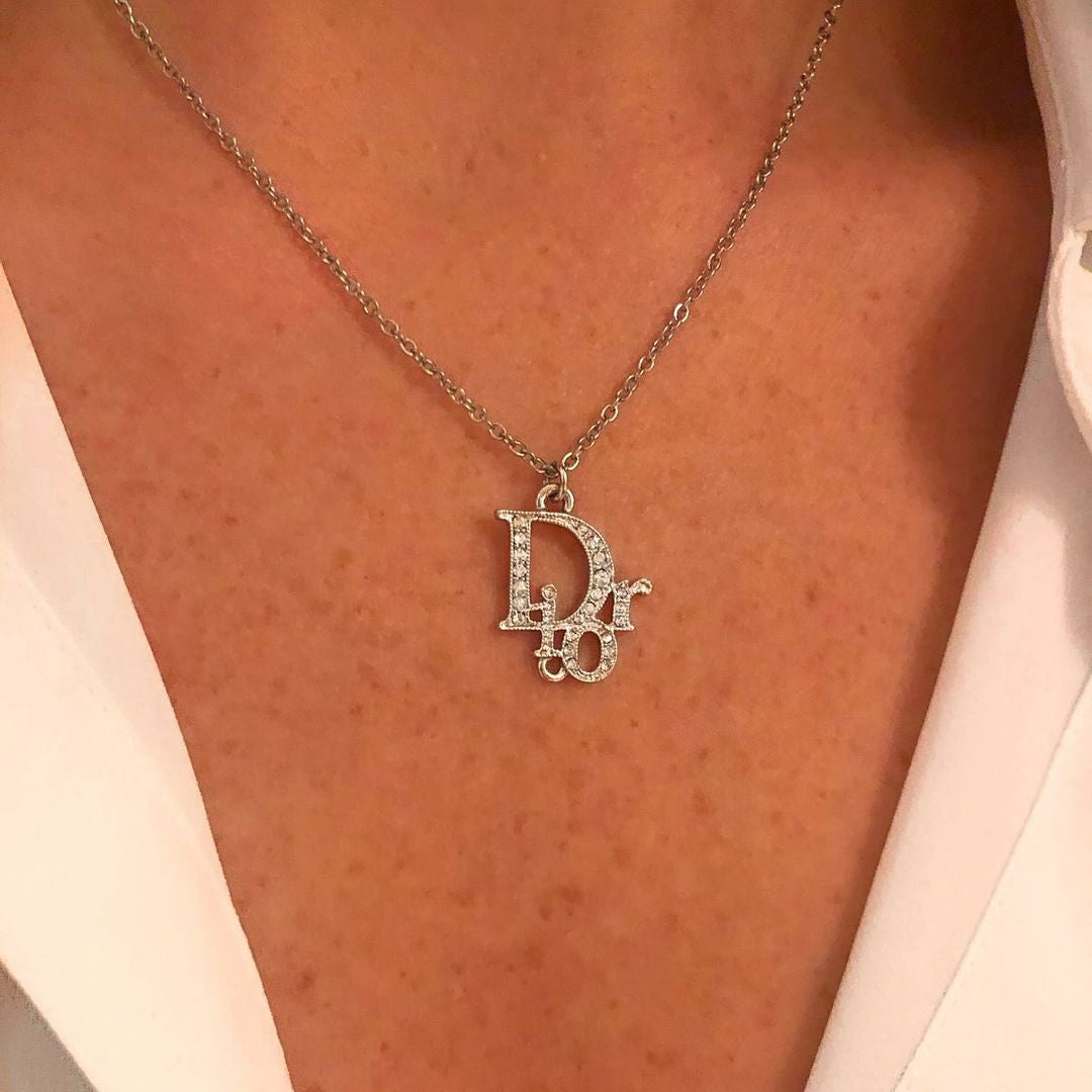 DIOR CRYSTAL WORD LOGO SILVER NECKLACE